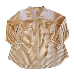 D & Co Shirt Button Down Top Butter Yellow Stripe Preppy Coastal Eyelet Women 2X
